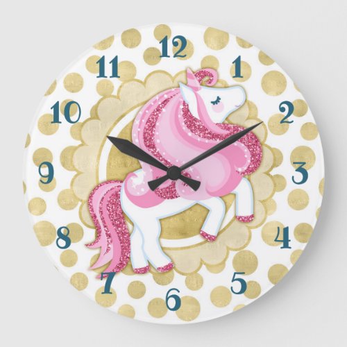 Unicorn Pink Gold Cute Fantasy Large Clock