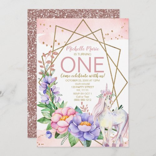 Unicorn Pink Gold Floral First Birthday Invitation