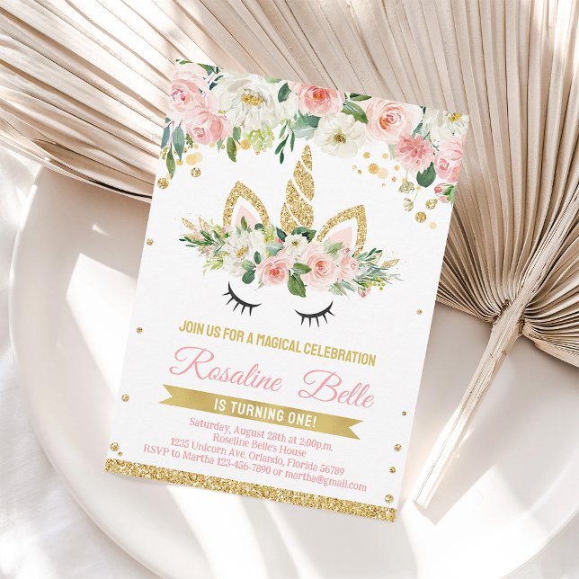 Unicorn Pink Gold Floral Girl Birthday Invite (Creator Uploaded)