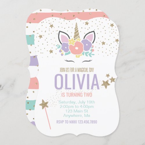 Unicorn pink gold glitter birthday invitation