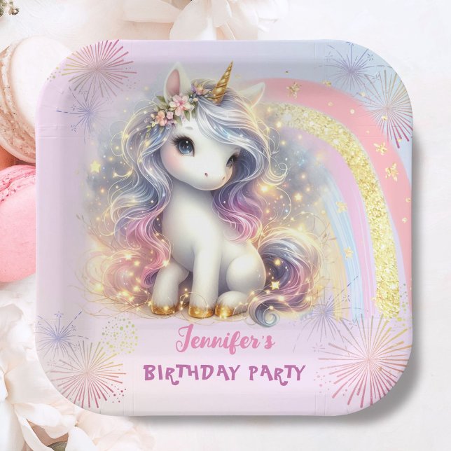 Unicorn Pink Gold Glitter Girl Birthday  Paper Plates (Creator Uploaded)
