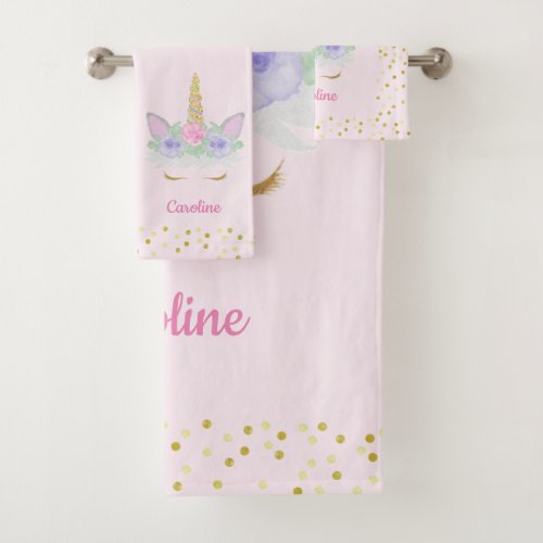 Unicorn Pink Gold Glitter Girls Name Bath Towel Set