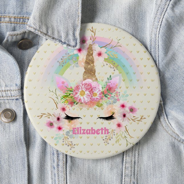 Unicorn Pink Gold Glitter Look Named Girls Floral Button (In Situ)