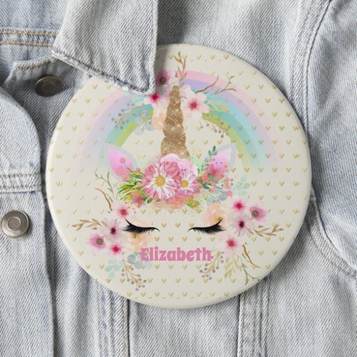 Unicorn Pink Gold Glitter Look Named Girls Floral Button
