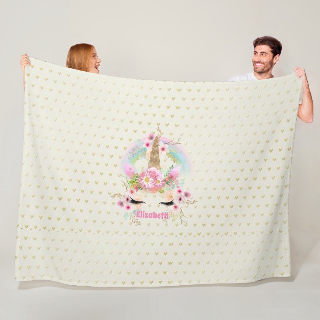 Unicorn Pink Gold Glitter Look Named Girls Floral Fleece Blanket (In Situ)