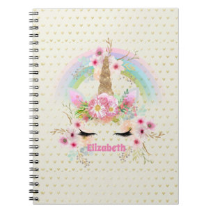 Unicorn Pink Gold Glitter Look Named Girls Floral Notebook