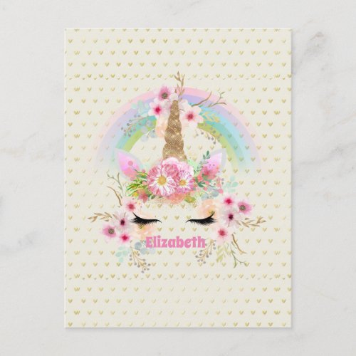 Unicorn Pink Gold Glitter Look Named Girls Floral Postcard