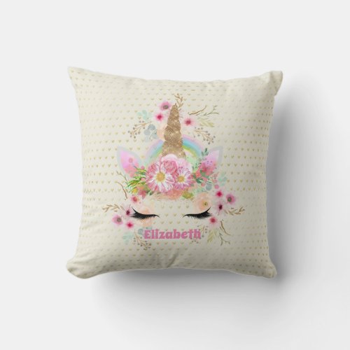 Unicorn Pink Gold Glitter Look Named Girls Floral Throw Pillow