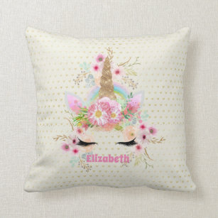 Unicorn Pink Gold Glitter Look Named Girls Floral Throw Pillow