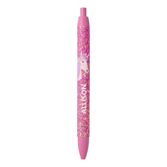 Unicorn Pink Gold Glitter Ombre Girly Personalized Pen (Front Vertical)
