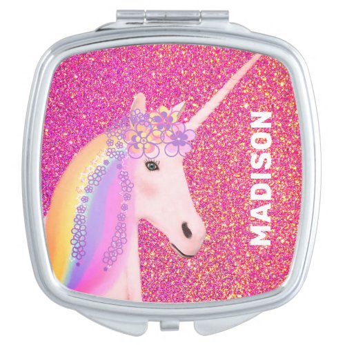 Unicorn Pink Gold Glitter Personalized Kids Compact Mirror