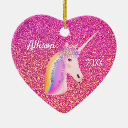 Unicorn Pink Gold Glitter Sparkles Heart Custom Ceramic Ornament