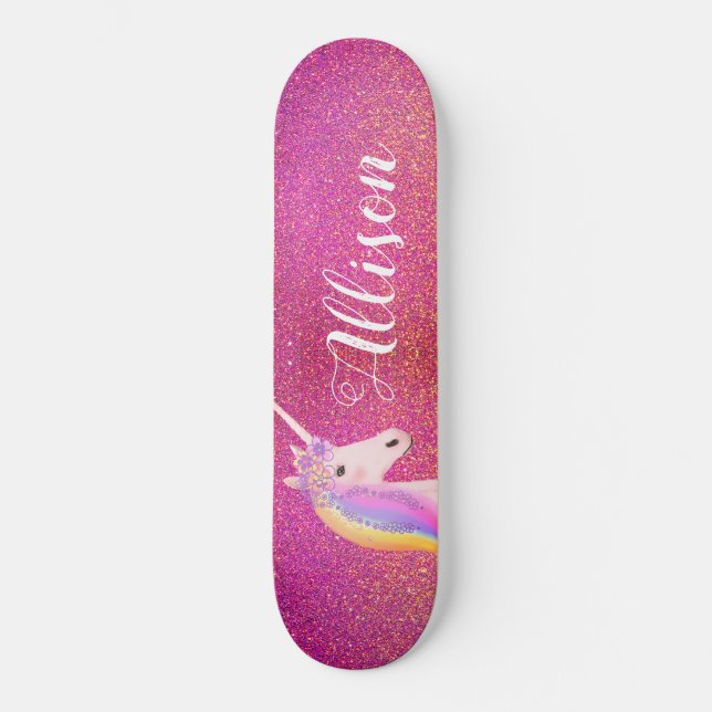 Unicorn Pink Gold Glitter Sparkles Personalized Skateboard (Front)