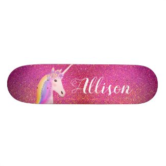 Unicorn Pink Gold Glitter Sparkles Personalized Skateboard