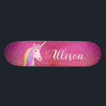 Unicorn Pink Gold Glitter Sparkles Personalized Skateboard<br><div class="desc">Unicorn Pink Gold Glitter Sparkles Personalized Skateboard CLICK PERSONALIZE TEMPLATE OPTION AND ENTER NAME Cool skateboard designed with pink rose gold faux glitter sparkle for the background and a pretty white unicorn face on left horizontal side. She has rainbow hair and flowers and personalized with name in white calligraphy script...</div>