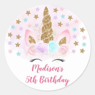 Unicorn Pink & Gold Magical Birthday Classic Round Sticker