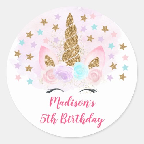Unicorn Pink  Gold Magical Birthday Classic Round Sticker