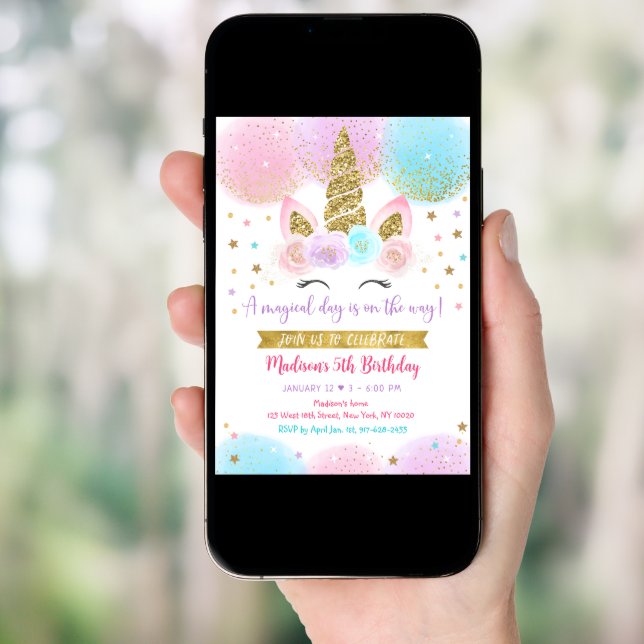 Unicorn Pink Gold Magical Birthday Invitation (Front Digital)