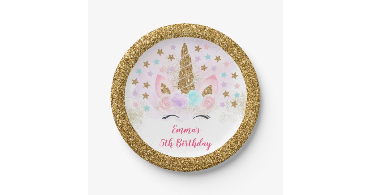 Unicorn Pink Gold Magical Birthday Paper Plate Zazzle Com