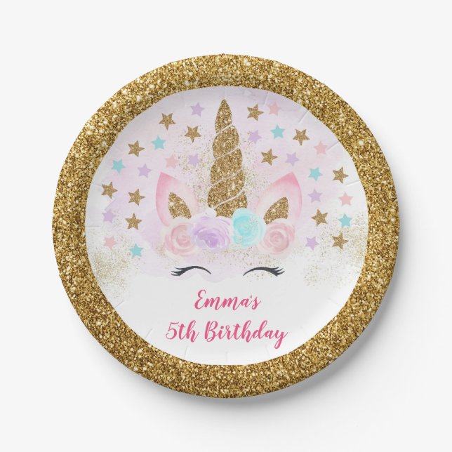 Unicorn Pink & Gold Magical Birthday Paper Plates (Front)