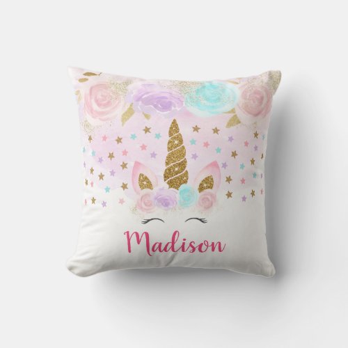 Unicorn Pink  Gold Magical Throw Pillow