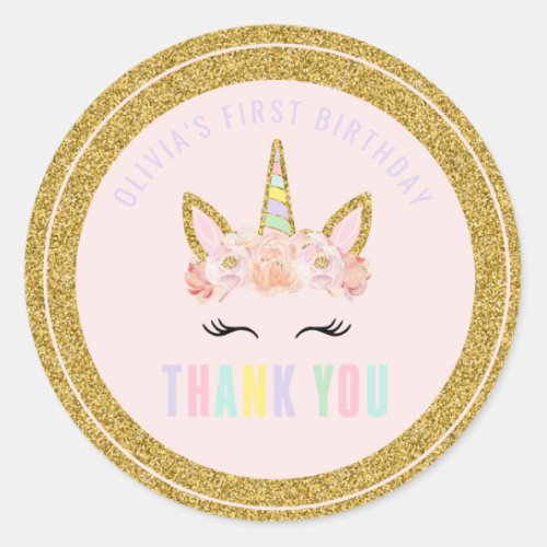 Unicorn Pink  Gold Party Favor Tag Sticker Seal