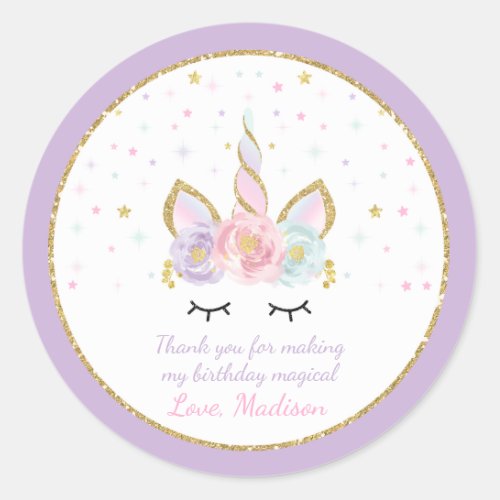 Unicorn Pink  Gold  Party Favor Tag Sticker Seal