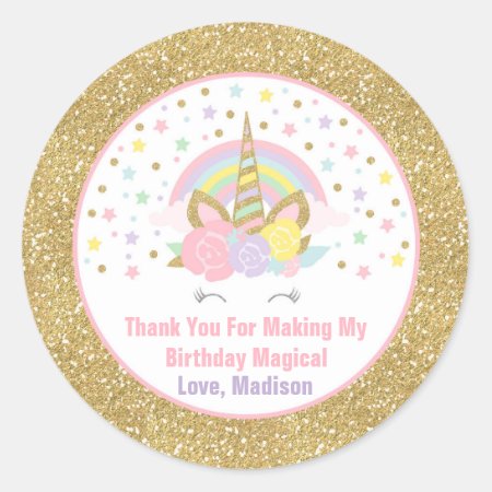 Unicorn Pink & Gold  Party Favor Tag Sticker Seal