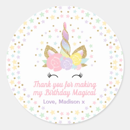Unicorn Pink  Gold Party Favour Tag Sticker Seal