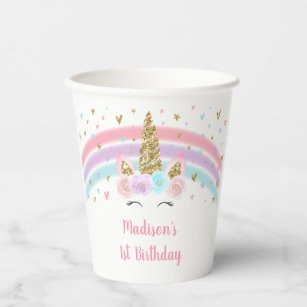 Unicorn Pink Gold Pastel Rainbow Birthday Paper Cups