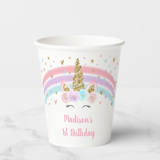 Unicorn Pink Gold Pastel Rainbow Birthday Paper Cups (Front)