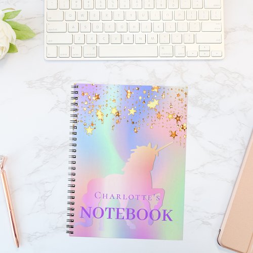 Unicorn pink gold stars holographic name notebook