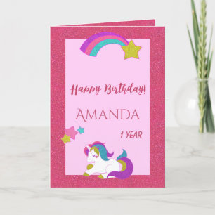 Unicorn pink happy magical day 1st birthday card