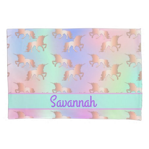Unicorn pink holographic mint girl name pillow case