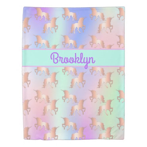 Unicorn pink holographic mint name girl duvet cover