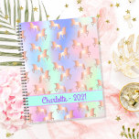 Unicorn pink iridescent rose gold name planner<br><div class="desc">A trendy iridescent colored background with unicorn and rainbow pastel colors in pink,  purple,  rose gold,  mint green. Decorated with a golden colored unicorn pattern. Personalize and add a name and a year 20xx written with a girly modern hand lettered style script. Purple colored letters.</div>