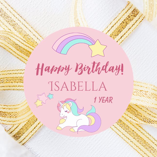 Unicorn pink magical happy birthday girl classic round sticker (Creator Uploaded)