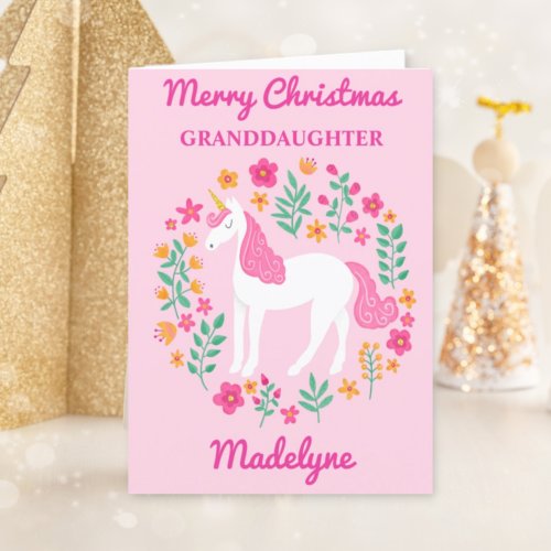 Unicorn Pink Merry Christmas Granddaughter Cute Holiday Card