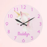 Unicorn pink name large clock<br><div class="desc">A soft pink background decorated with a cute unicorn face in white and pink.  Personalize and add a name,  pink letters. Pink clock-face numbers.</div>