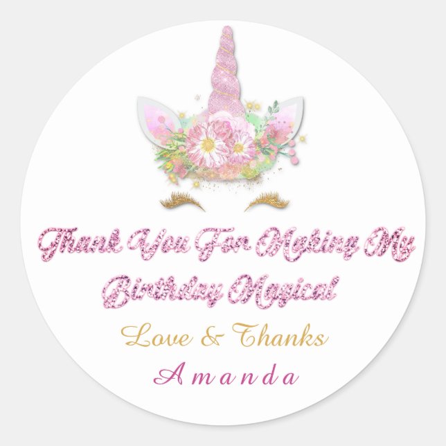 Unicorn Pink Party Favor Thank You Magical Classic Round Sticker (Front)
