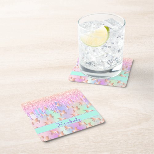 Unicorn pink pink iridescent birthday square paper coaster