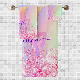 Unicorn pink purple confetti name girl bath towel set