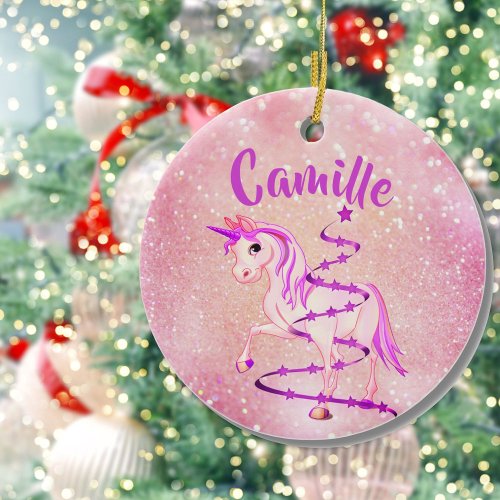 Unicorn Pink Purple Cute Girl Christmas Believe Ceramic Ornament