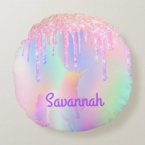 Unicorn pink purple glitter drips girl round pillow