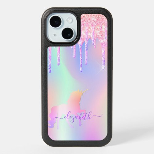 Unicorn pink purple glitter drips holographic iPhone 15 case