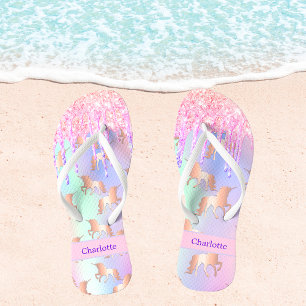 Unicorn pink purple glitter drips name flip flops