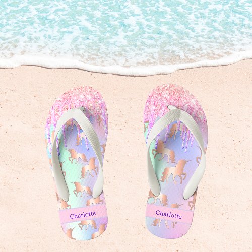 Unicorn pink purple glitter drips name girl kids flip flops