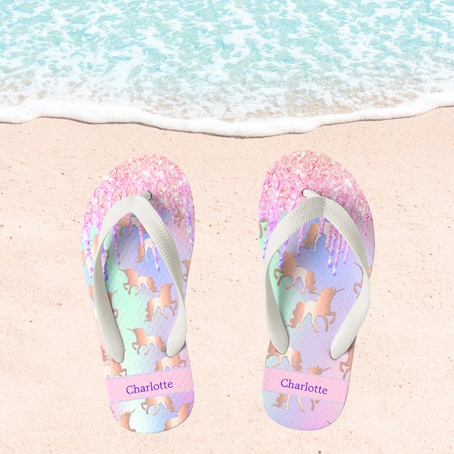 Unicorn pink purple glitter drips name girl kid's flip flops (Creator Uploaded)