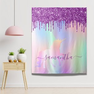 Unicorn pink purple glitter drips name girl tapestry