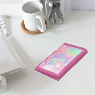 Unicorn pink purple glitter dust monogram name tri-fold wallet